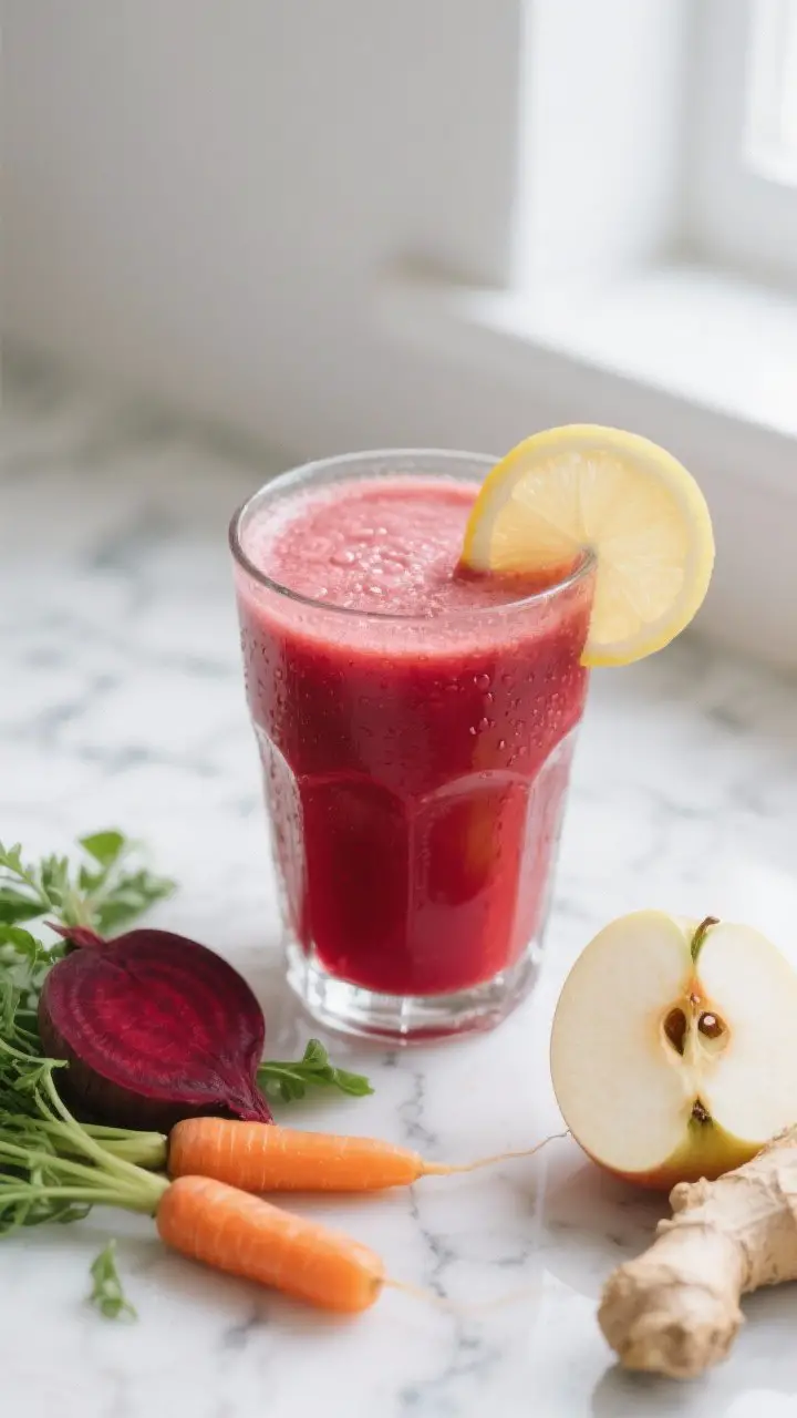 Detail shot: Close-up of a clear glass filled with vibrant beet-carrot-apple juice on a white marble
