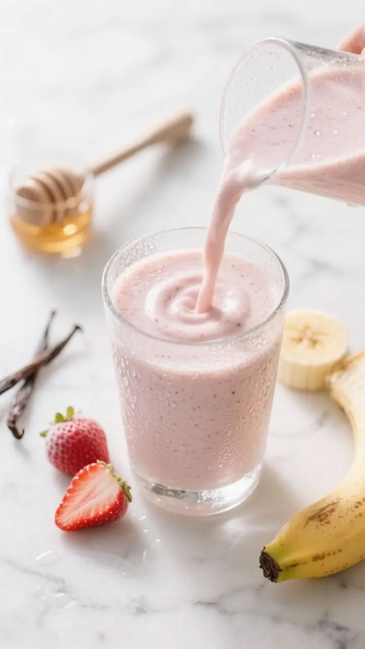 Detail shot: Close-up of a freshly blended strawberry banana smoothie being poured into a clear glas