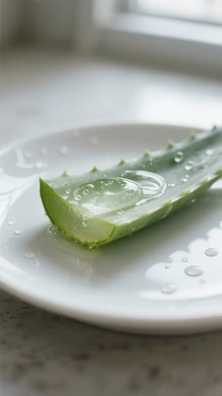 Detail shot: Close-up of a freshly cut aloe vera leaf on a white ceramic plate, clear gel oozing fro