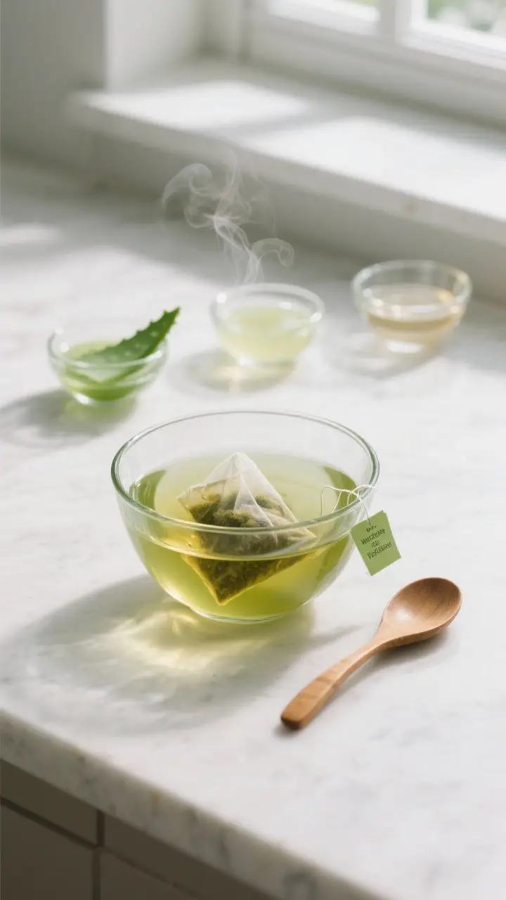 Detail shot: Close-up of a glass bowl with freshly brewed green tea cooling, visible steam fading, g