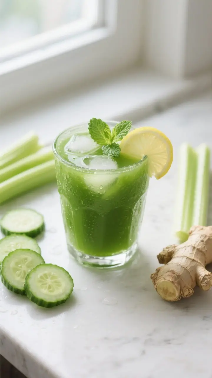 Detail shot: Close-up of a glass of vibrant green vegetable juice over ice on a white countertop, wi