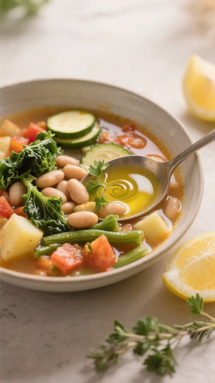 Detail shot: Close-up of a hearty one-pot vegetable soup ladled into a shallow bowl, showing scoopab