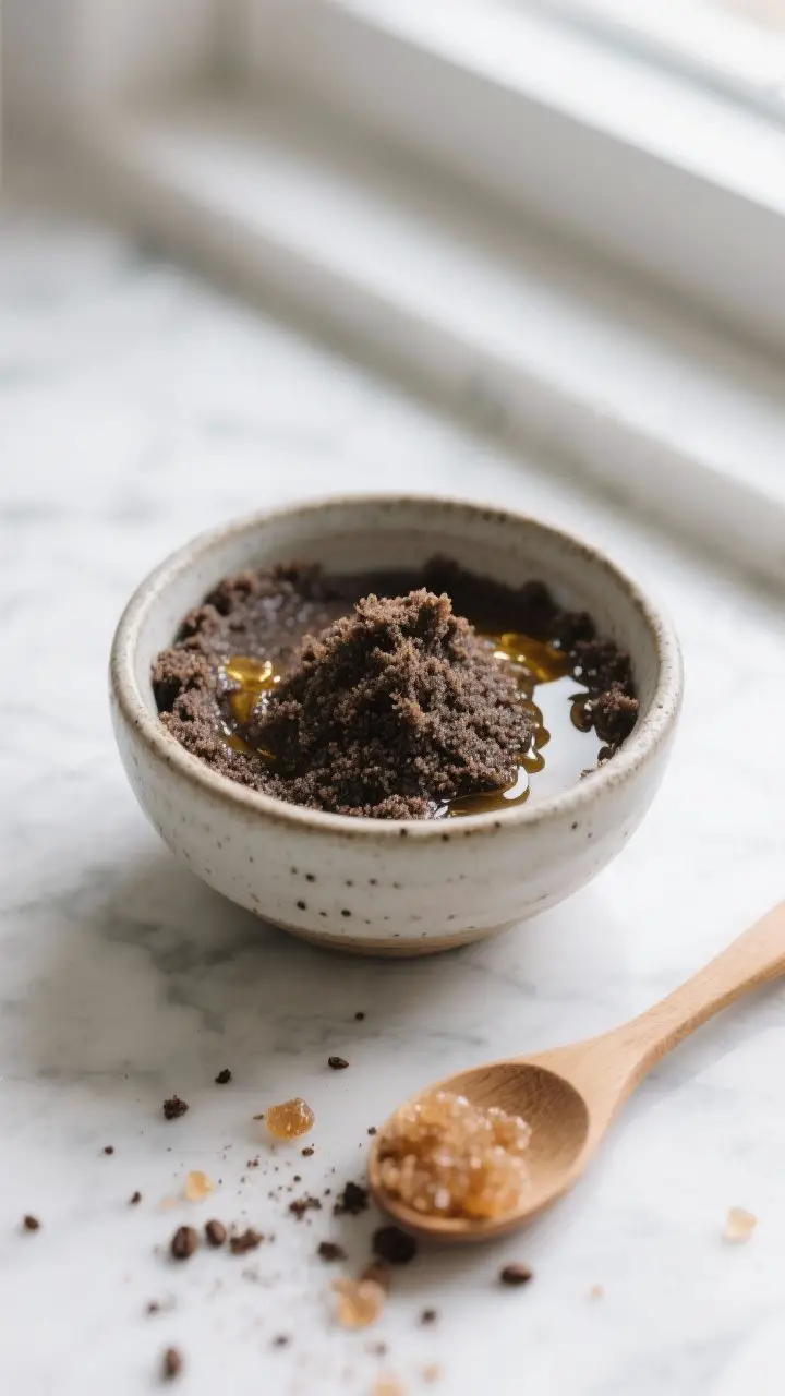 Detail shot: close-up of a small ceramic bowl filled with homemade coffee scrub that looks like wet 