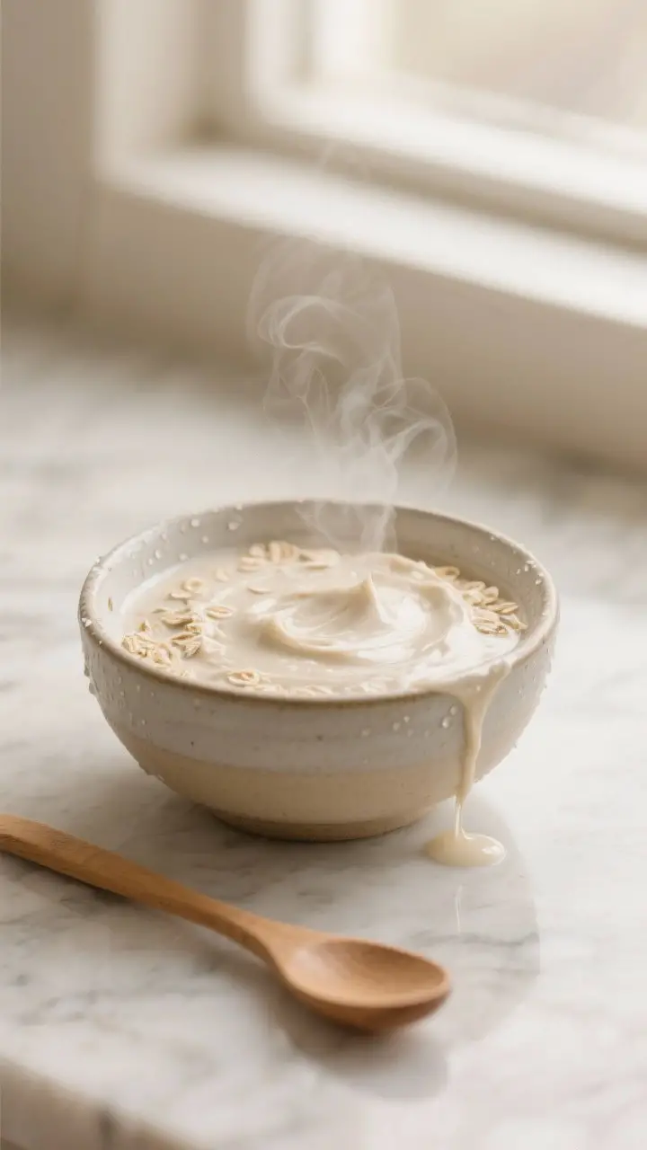Detail shot: Close-up of a small ceramic bowl with creamy colloidal oatmeal mask mixture in a runny-