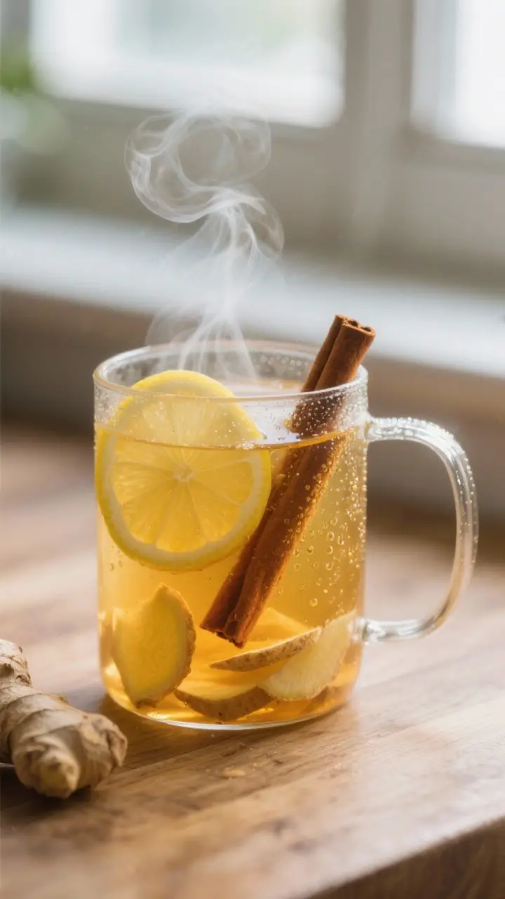 Detail shot: Close-up of a steaming mug of homemade cold and flu tea on a wooden countertop, showing