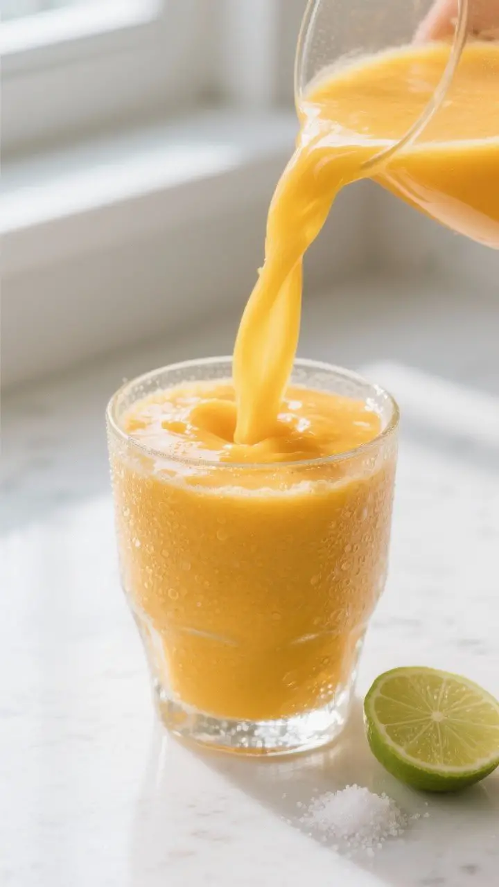 Detail shot: Close-up of a thick, glossy mango smoothie being poured into a frosty clear glass, ribb
