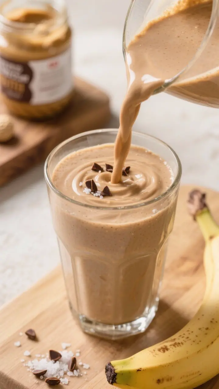 Detail shot: Close-up of a thick peanut butter smoothie being poured into a chilled clear glass, sho