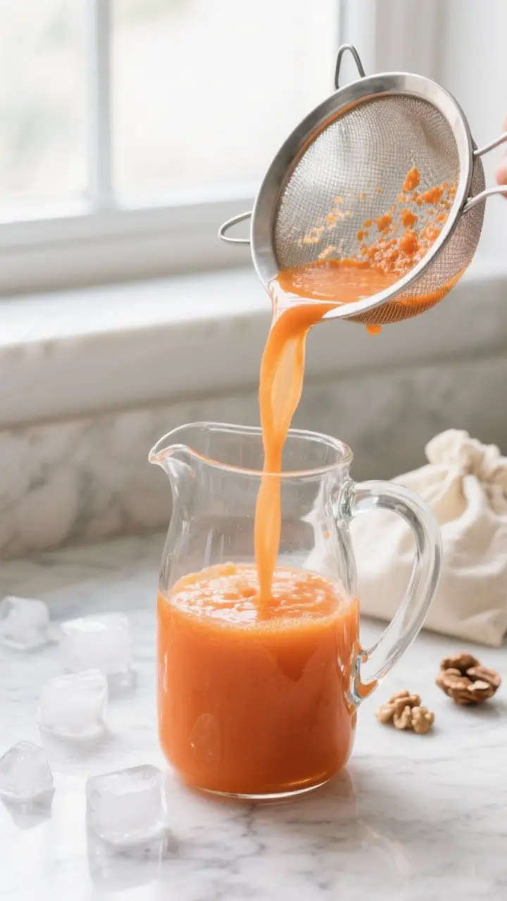 Detail shot: Close-up of freshly strained carrot juice pouring through a fine-mesh sieve into a clea