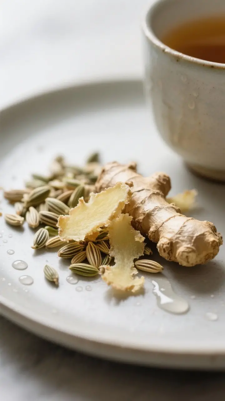 Detail shot: Extreme close-up of freshly grated ginger and crushed fennel seeds on a smooth ceramic