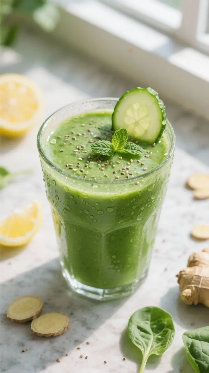 Detail shot: Overhead close-up of a freshly blended green detox smoothie in a clear glass, vibrant j