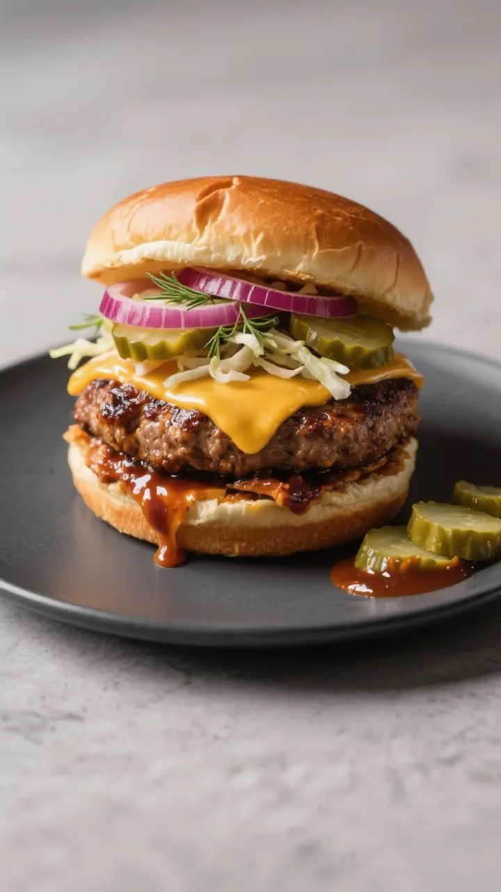 Final burger beauty shot: The fully assembled Chicken & BBQ Smoky Burger stacked high on a lightly t