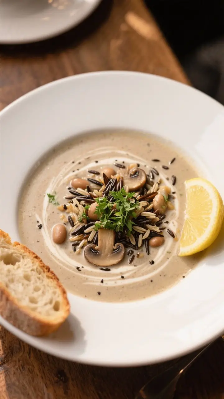 Final dish: Hearty Mushroom & Wild Rice Soup plated in a wide, shallow white bowl, creamy finish swi