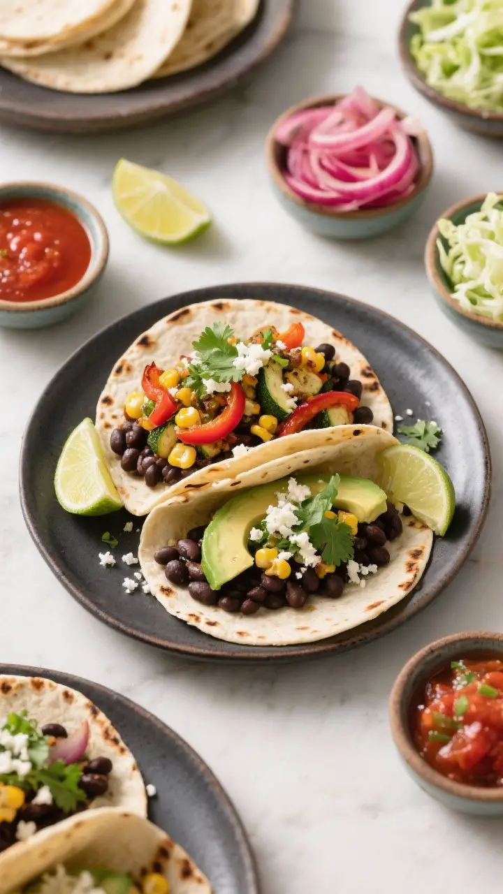 Final dish overhead: Overhead taco bar scene with assembled black bean tacos on a dark ceramic platt