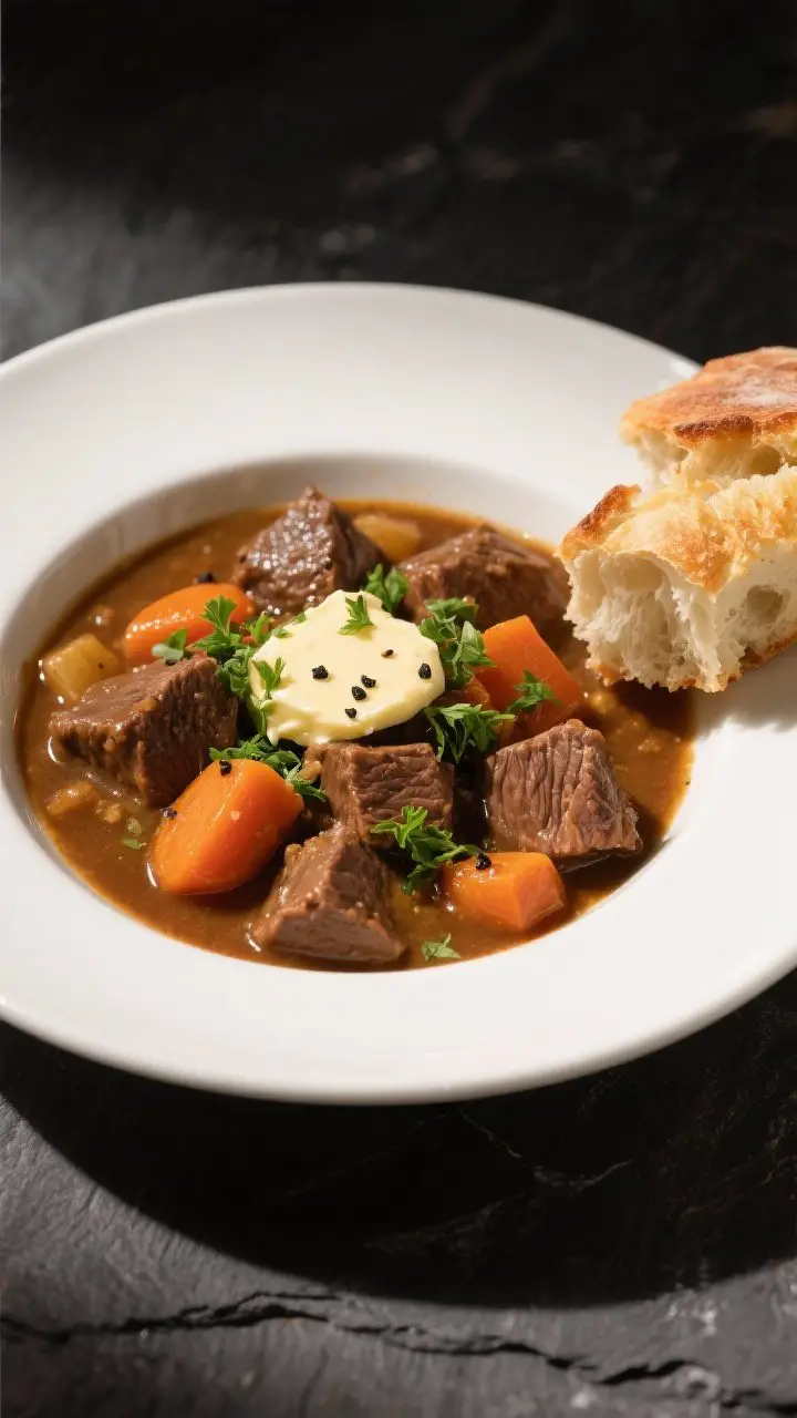 Final dish — plated comfort bowl: Restaurant-quality presentation of classic hearty beef stew ladl