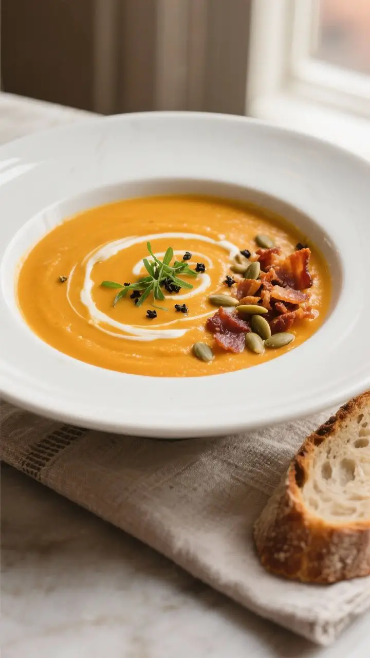 Final dish, plated elegance: Beautifully plated Classic Creamy Pumpkin Soup in a wide matte-white bo