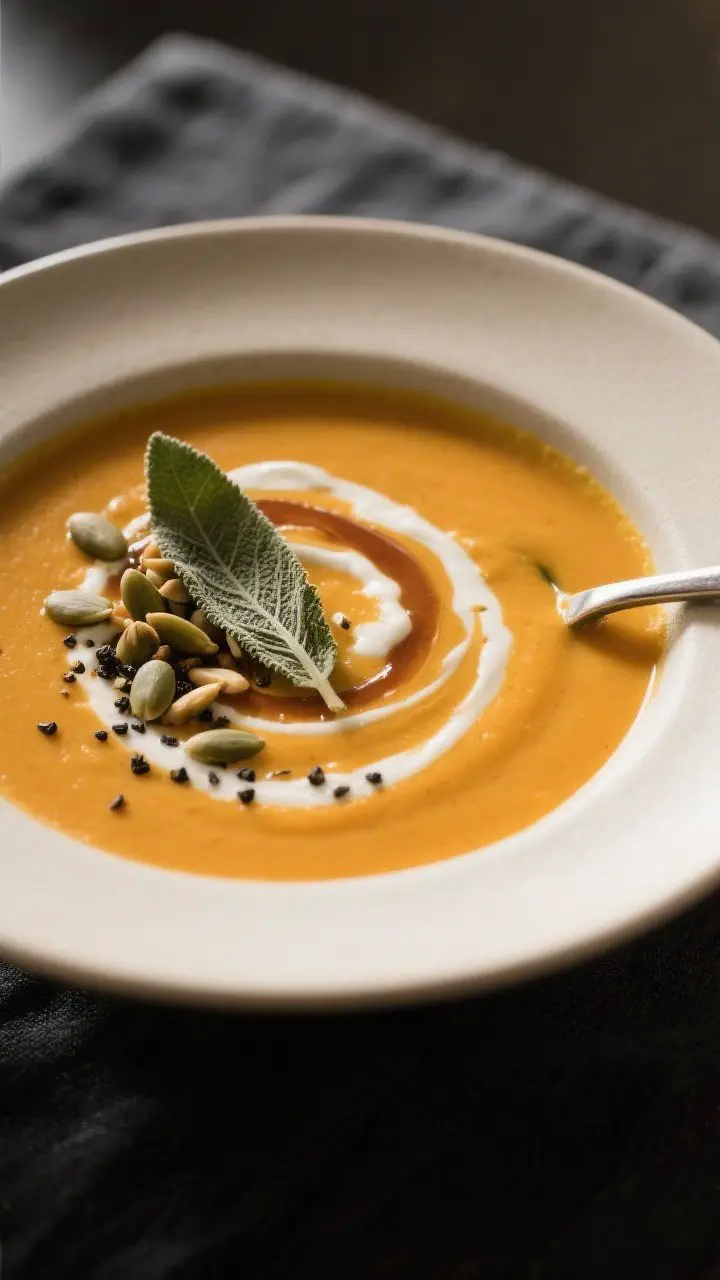 Final dish presentation: A restaurant-quality bowl of butternut squash soup finished with a swirl of