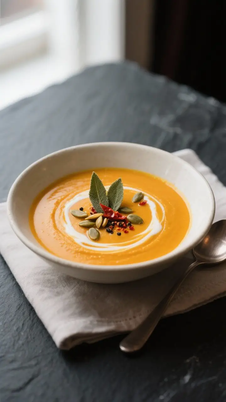 Final dish presentation: A restaurant-quality bowl of classic roasted butternut squash soup, satiny