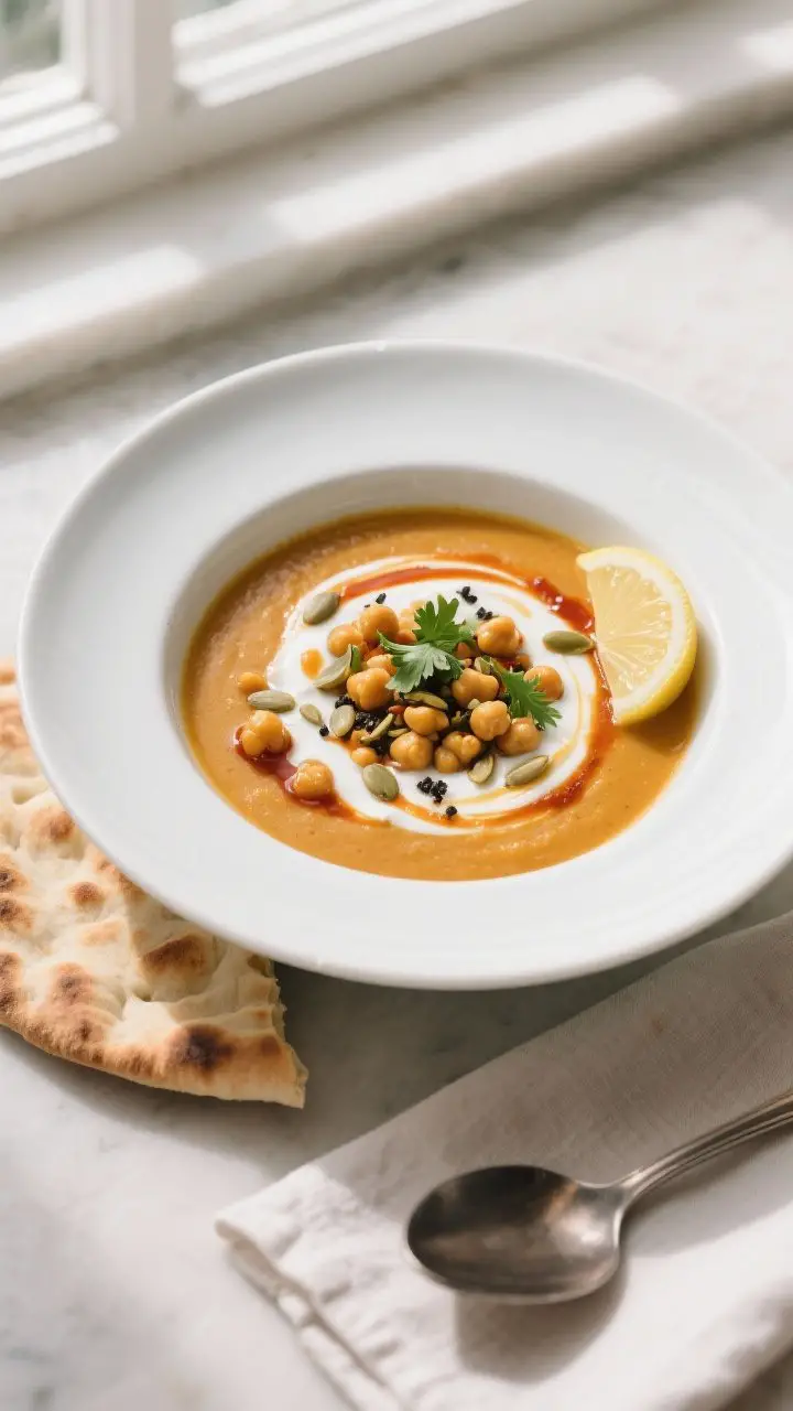 Final dish presentation: A restaurant-quality bowl of Moroccan Pumpkin Soup with Harissa and Chickpe