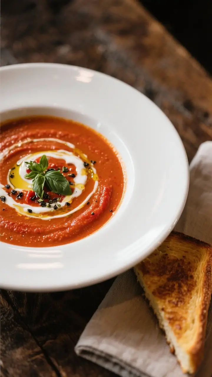 Final dish presentation: A warm bowl of creamy roasted red pepper tomato soup with a glossy swirl of