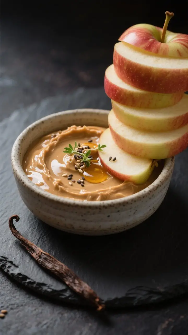 Final dish presentation: Beautifully plated apple slices with peanut butter dip in a stoneware ramek