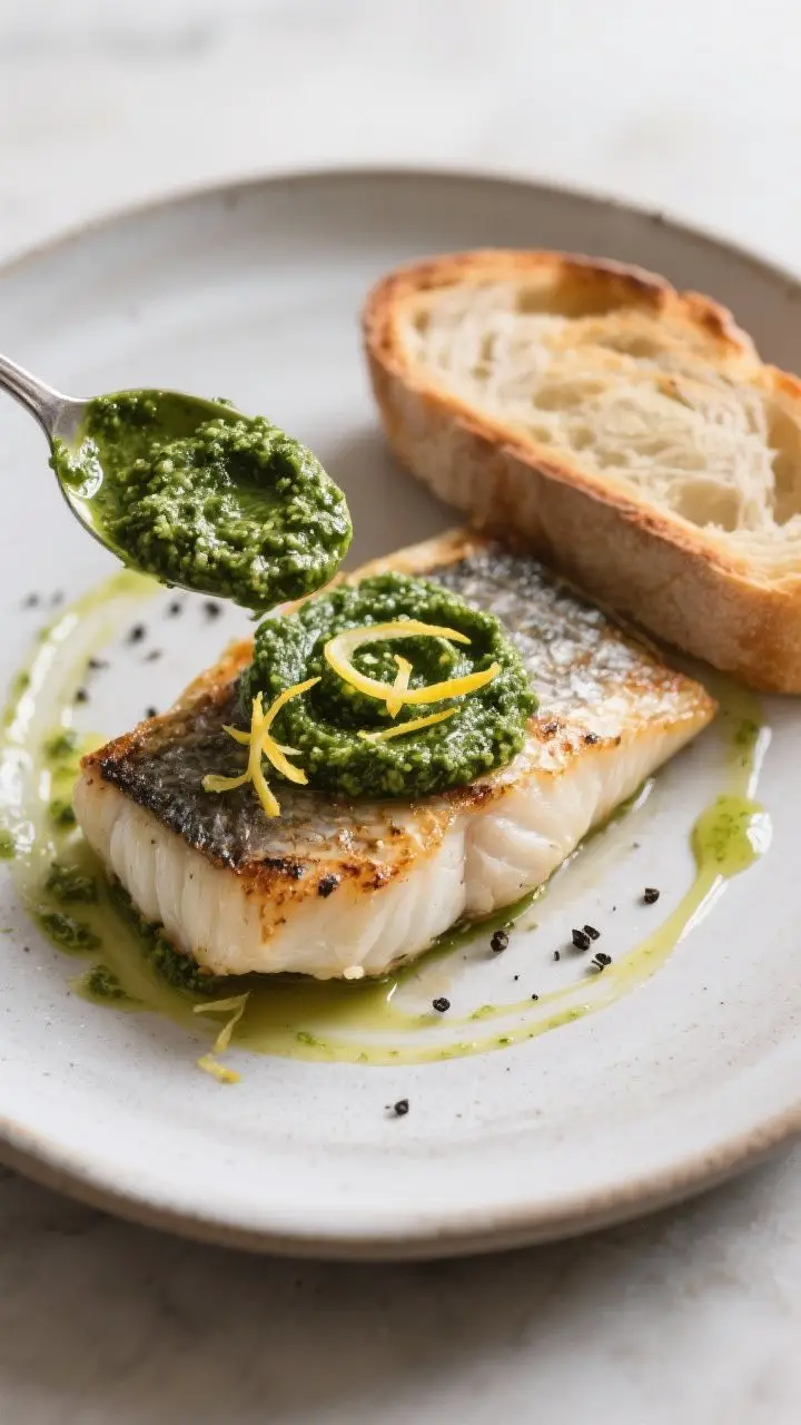 Final dish presentation: Beautifully plated grilled white fish with a generous spoonful of Rustic Pe