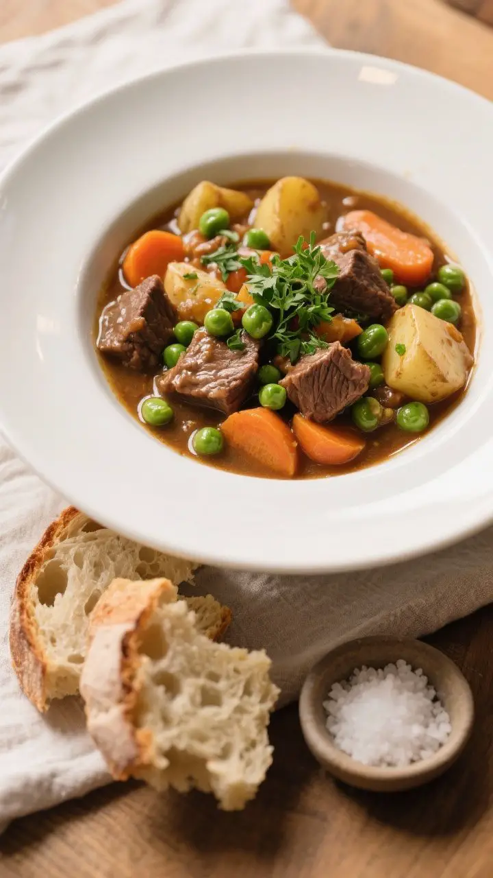 Final dish presentation: Beautifully plated rustic vegetable beef stew ladled into a deep matte-whit