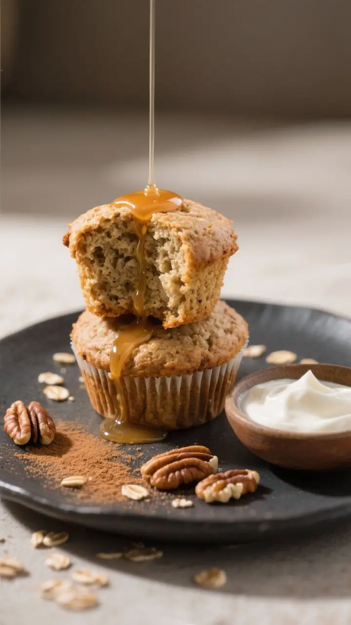 Final dish presentation: Beautifully plated Whole Wheat Banana Muffins with Oats on a dark ceramic p