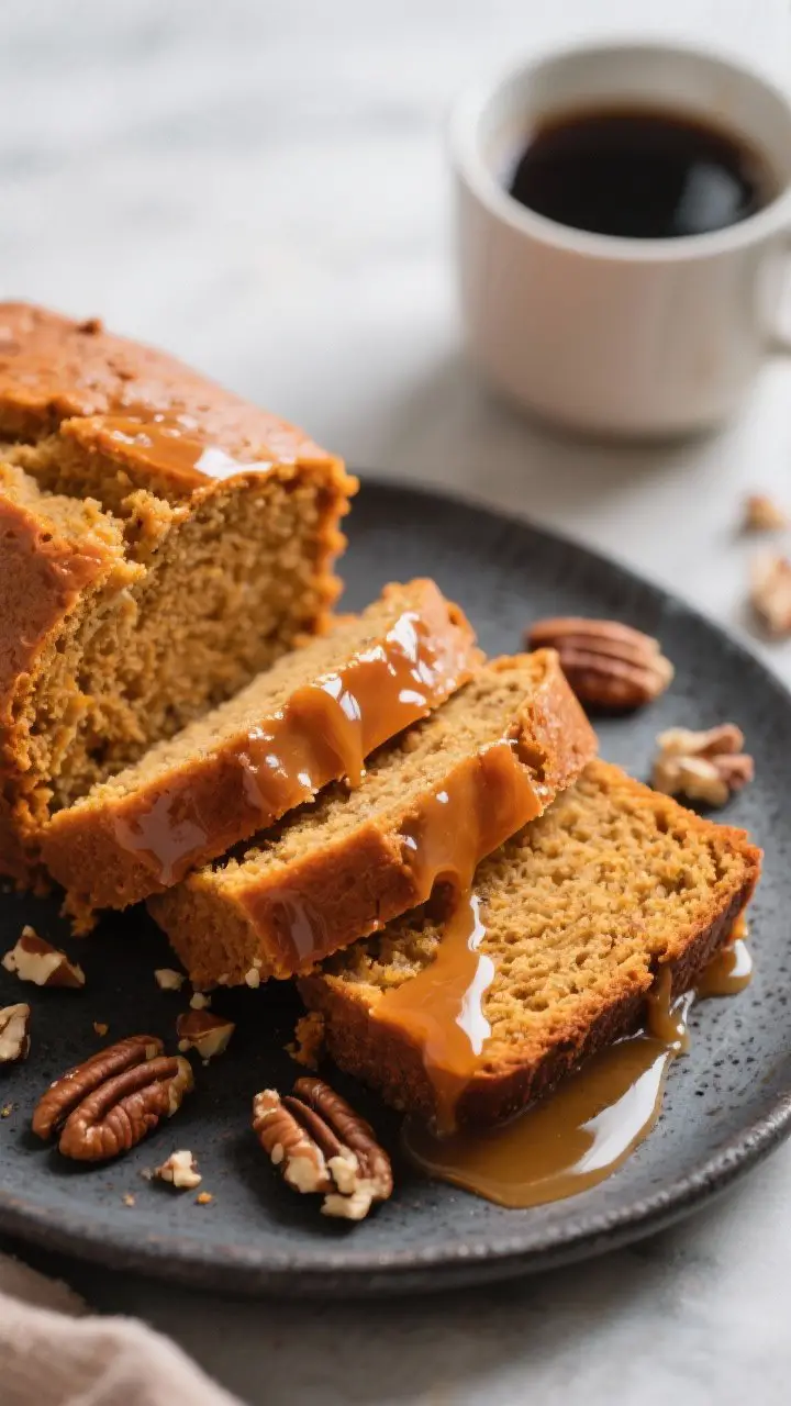 Final dish presentation: Beautifully sliced pumpkin spice bread with tight, moist crumb and glossy s
