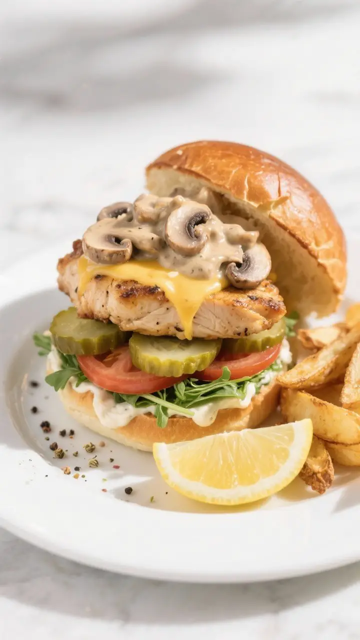 Final dish presentation: Beautifully stacked Chicken & Mushroom Creamy Burger on a toasted brioche b