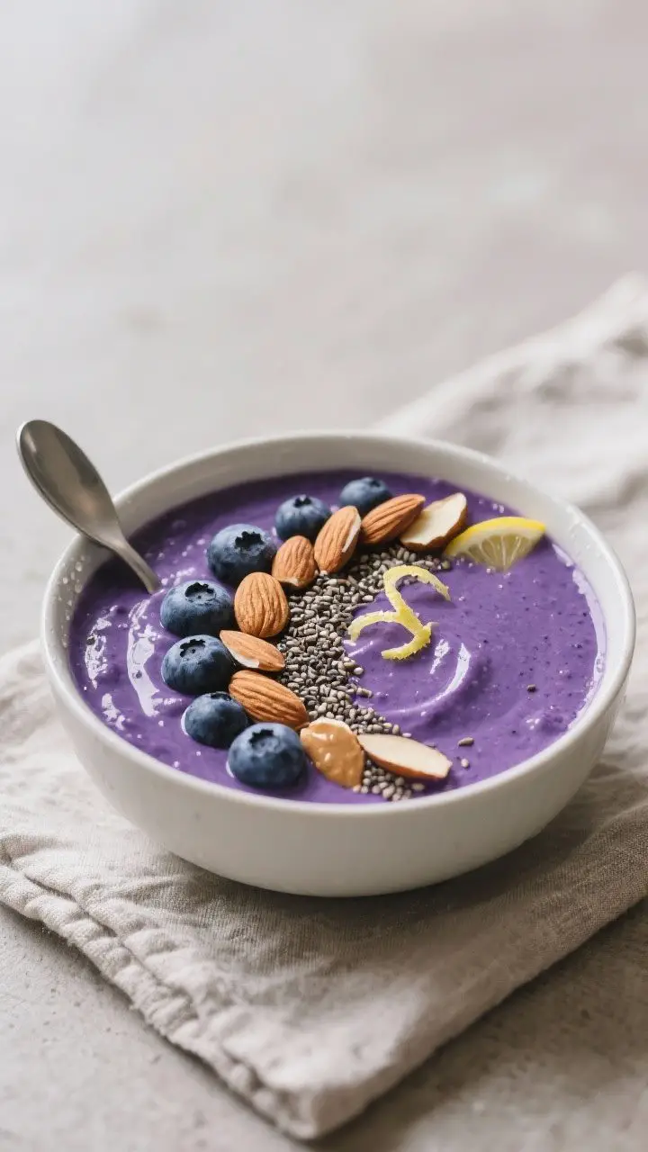 Final dish presentation: café-style smoothie bowl version, extremely thick blend spread in a matte