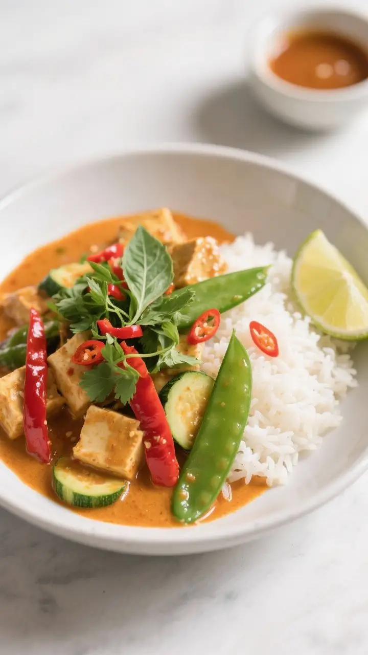 Final dish presentation: Creamy Thai Coconut Curry Tofu plated over fluffy jasmine rice in a shallow