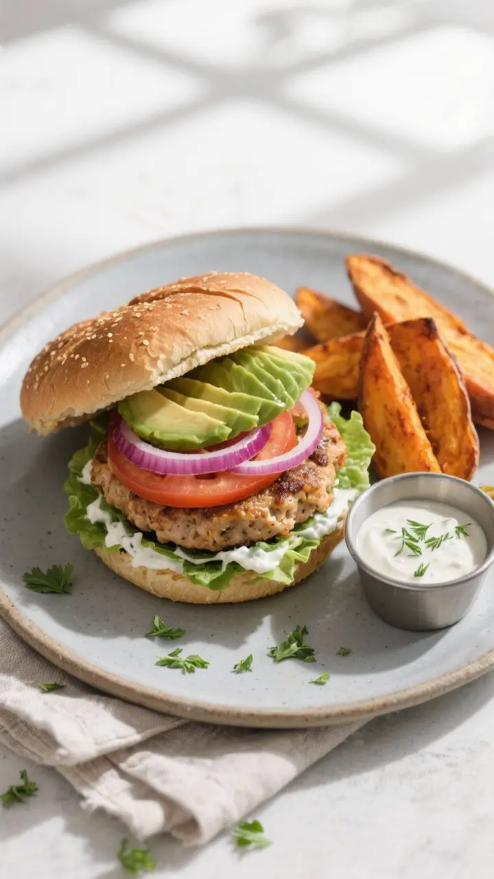 Final dish presentation: Fully assembled Chicken & Veggie Healthy Burger on a matte stoneware plate,