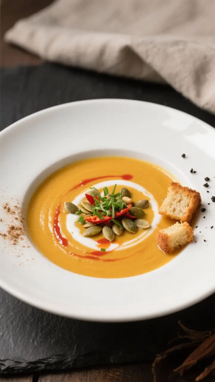 Final dish presentation: Restaurant-quality bowl of creamy butternut squash soup on a matte white sh