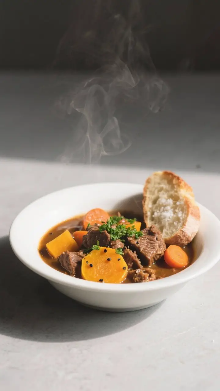 Final dish presentation: Restaurant-quality bowl of Beef and Butternut Squash Stew plated in a matte
