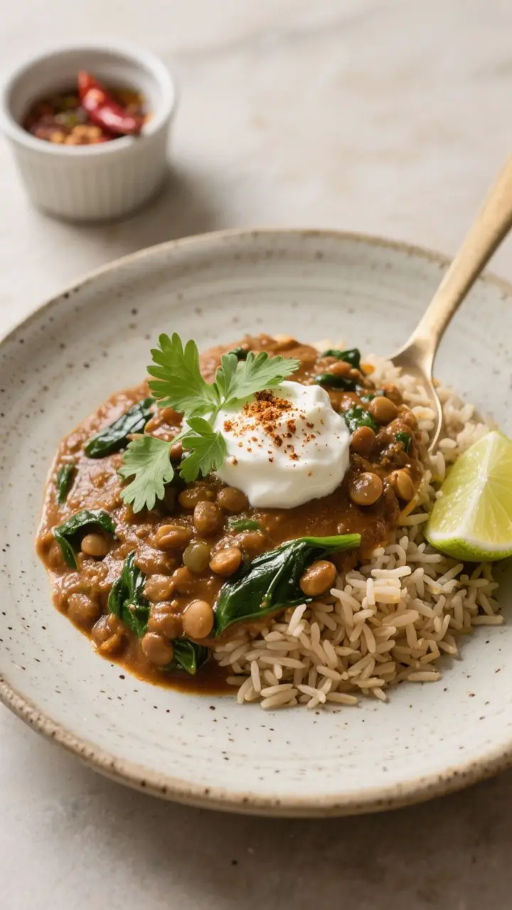 Final dish presentation: Restaurant-quality plate of Lentil and Spinach Curry over a mound of steame