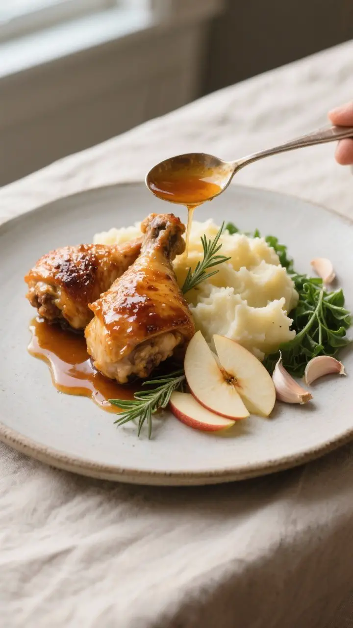 Final dish presentation: Restaurant-quality plate of Apple Cider Glazed Chicken Thighs, skin crackli