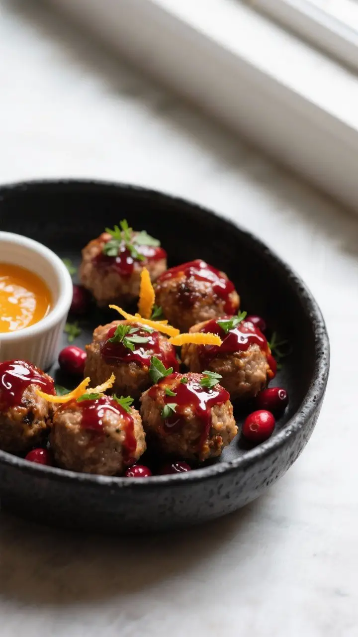 Final dish presentation: Restaurant-quality plate of cranberry orange glazed turkey meatballs as an