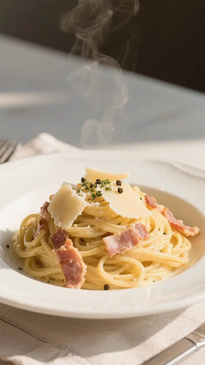 Final dish presentation: Restaurant-quality plate of spaghetti alla carbonara twirled into a neat ne