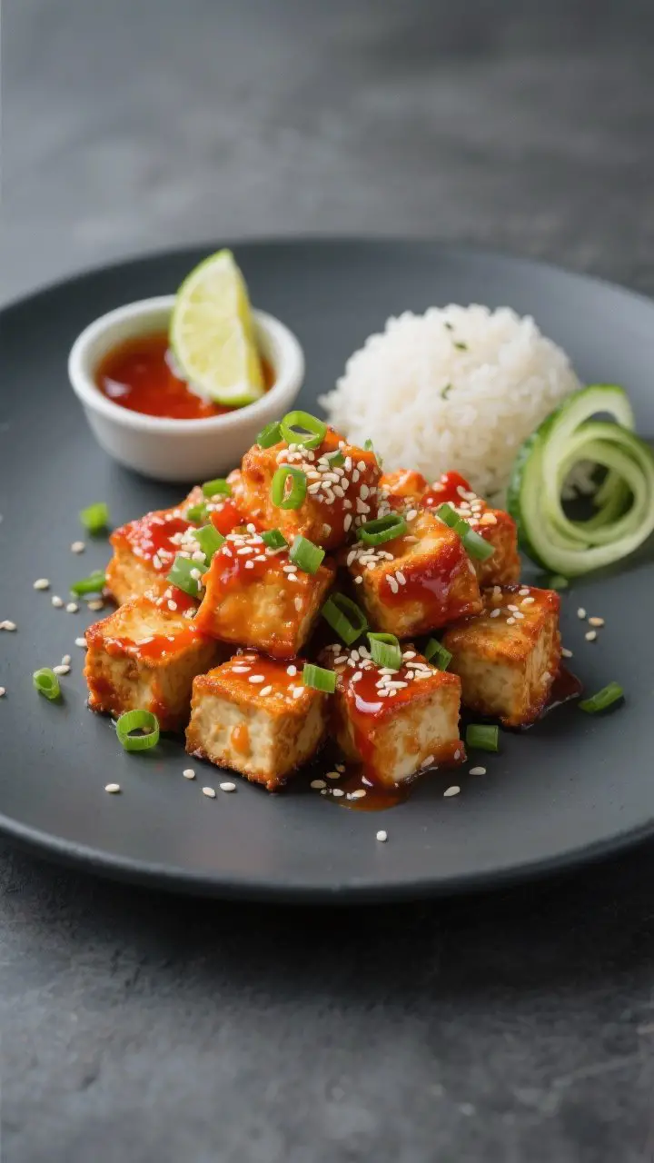 Final dish presentation: Restaurant-quality plate of Baked Honey Sriracha Tofu Nuggets, arranged in