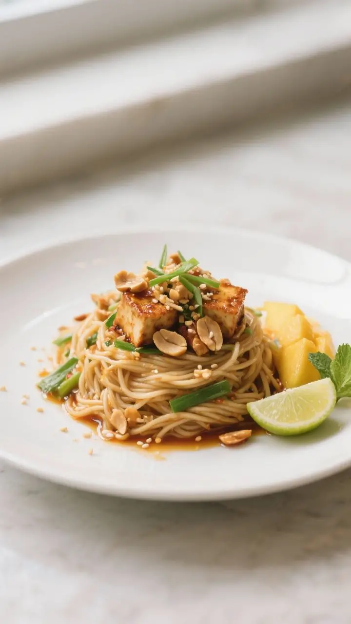 Final dish presentation: Restaurant-quality plated Spicy Thai Tofu Noodle Salad in a shallow matte-w