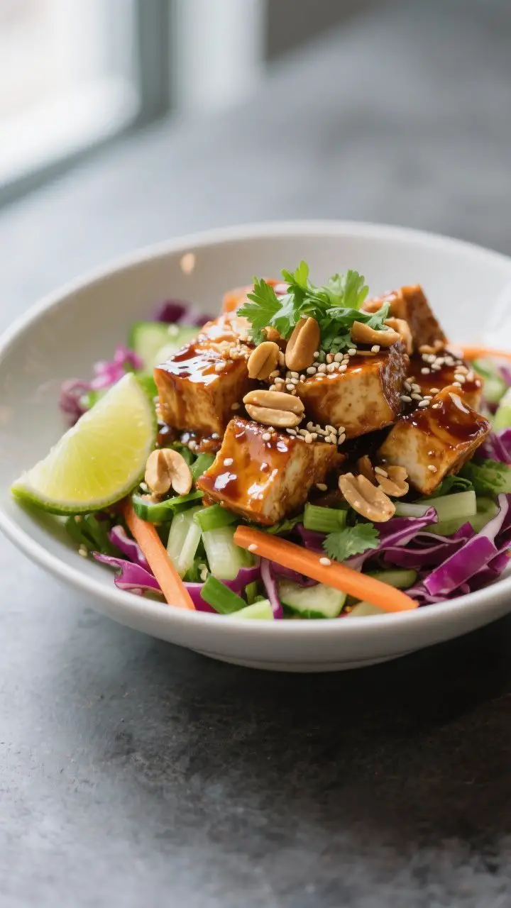 Final dish presentation: Restaurant-quality plated power bowl with distinct layers—glossy slaw bas