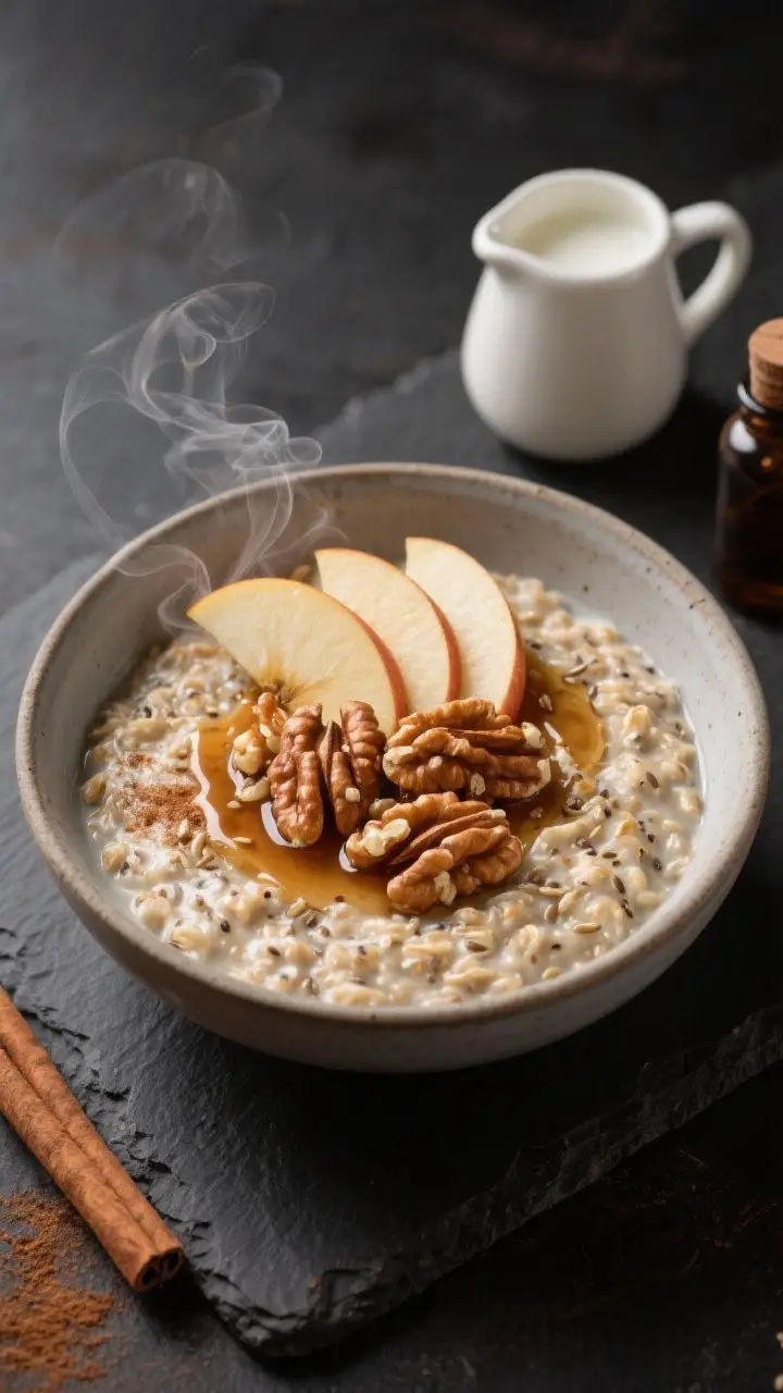 Final dish presentation: Restaurant-quality plated bowl of finished overnight oats warmed slightly,