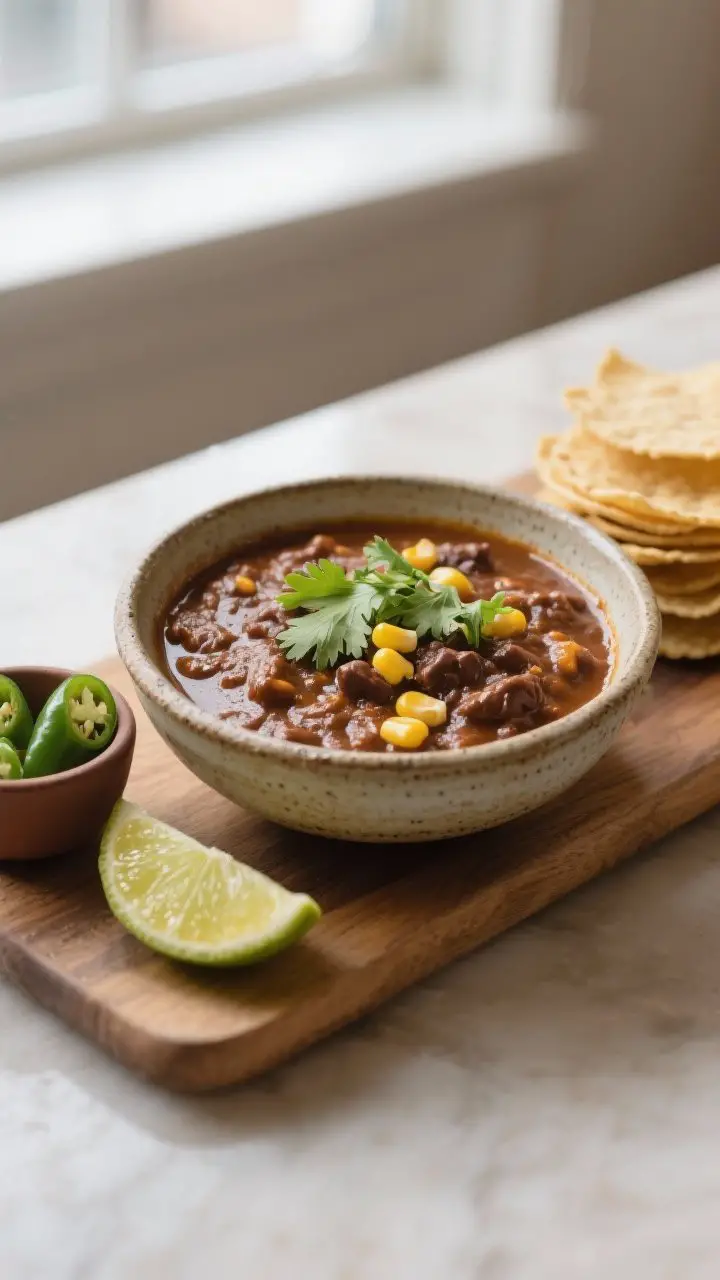 Final dish presentation: Restaurant-quality plating of thick, velvety chili in a rustic ceramic bowl
