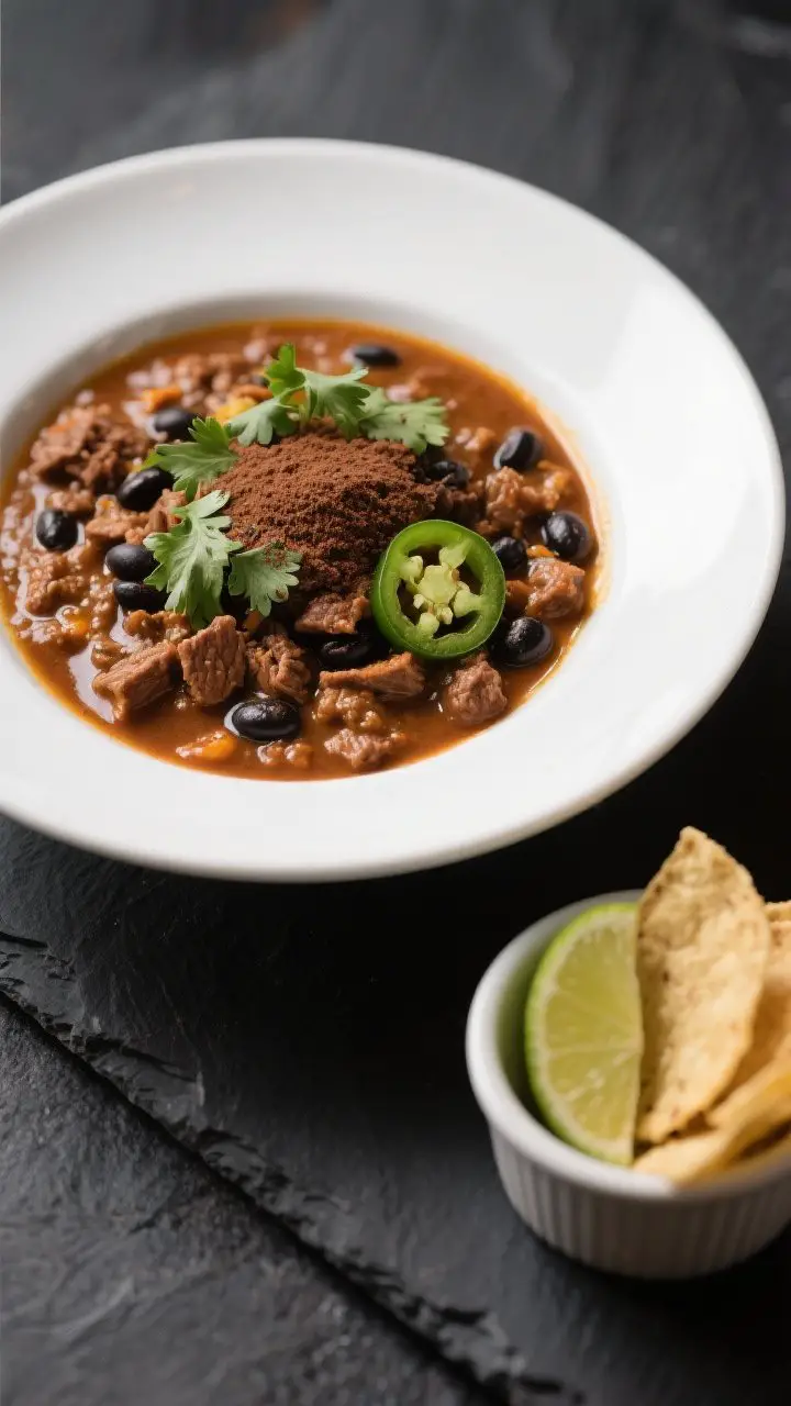 Final dish presentation: Restaurant-quality plating of Pumpkin Chili in a wide, white shallow bowl o