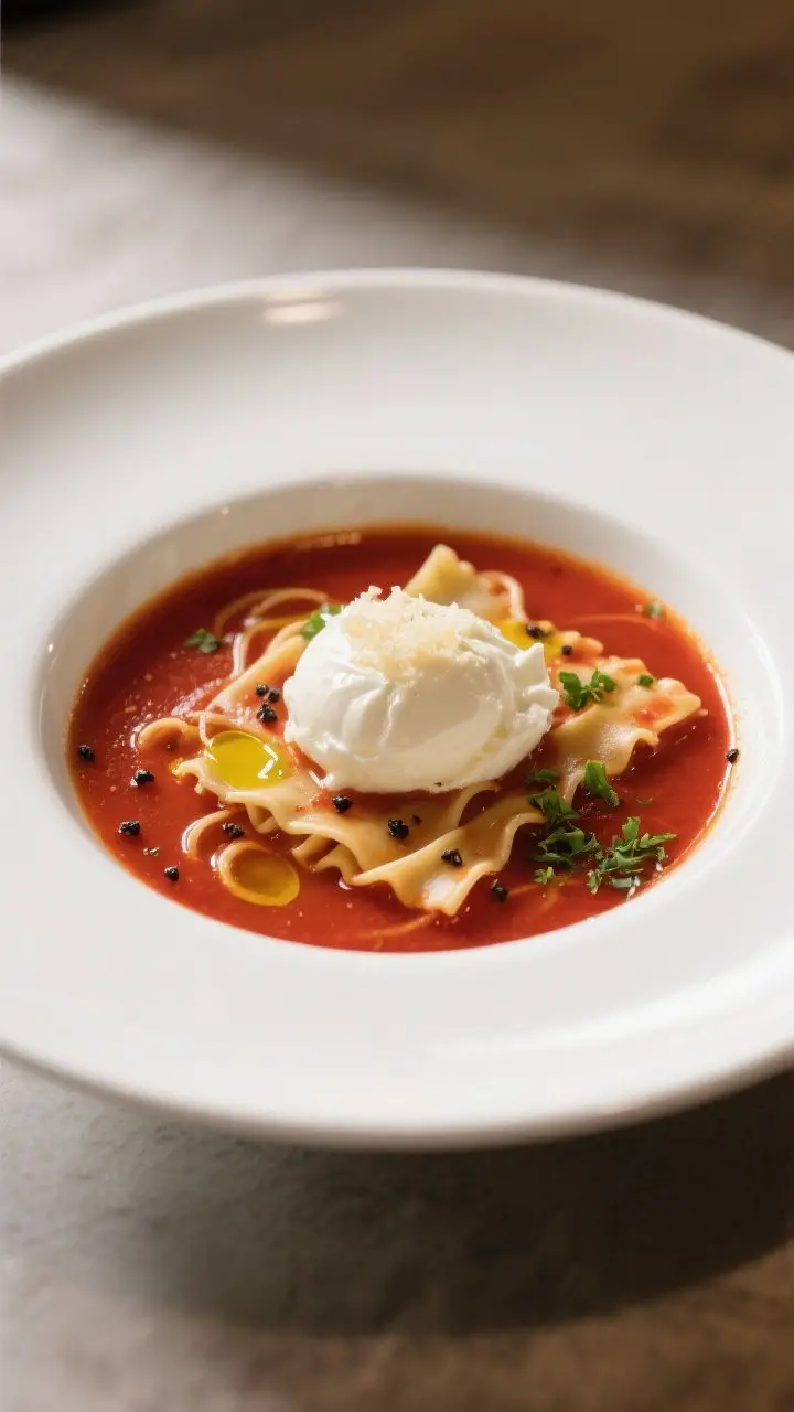 Final dish presentation: Restaurant-quality plating of lasagna soup in a wide, shallow white bowl, w