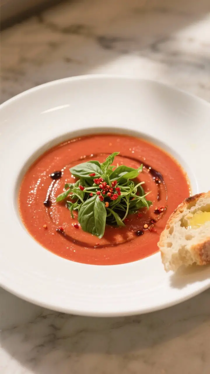 Final dish presentation: Restaurant-quality plating of tomato basil soup blended ultra-smooth, poure