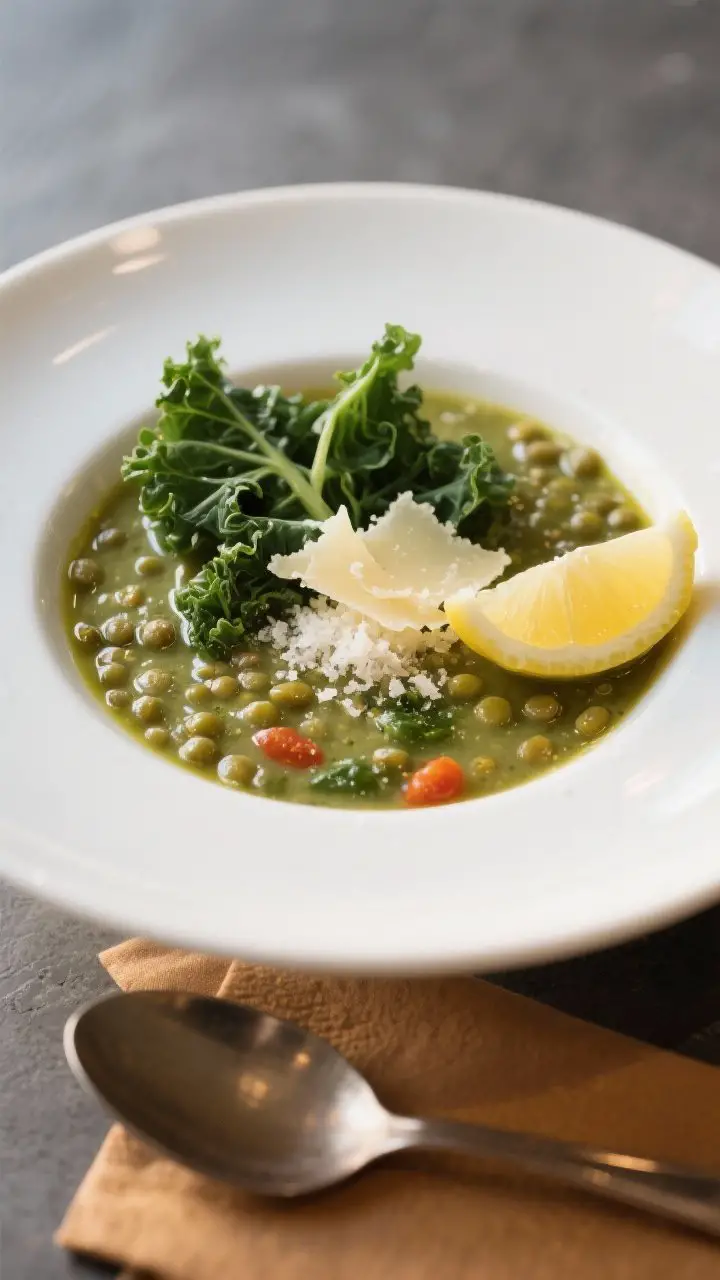 Final dish presentation: Restaurant-quality plating of green lentil & kale soup in a wide, shallow w