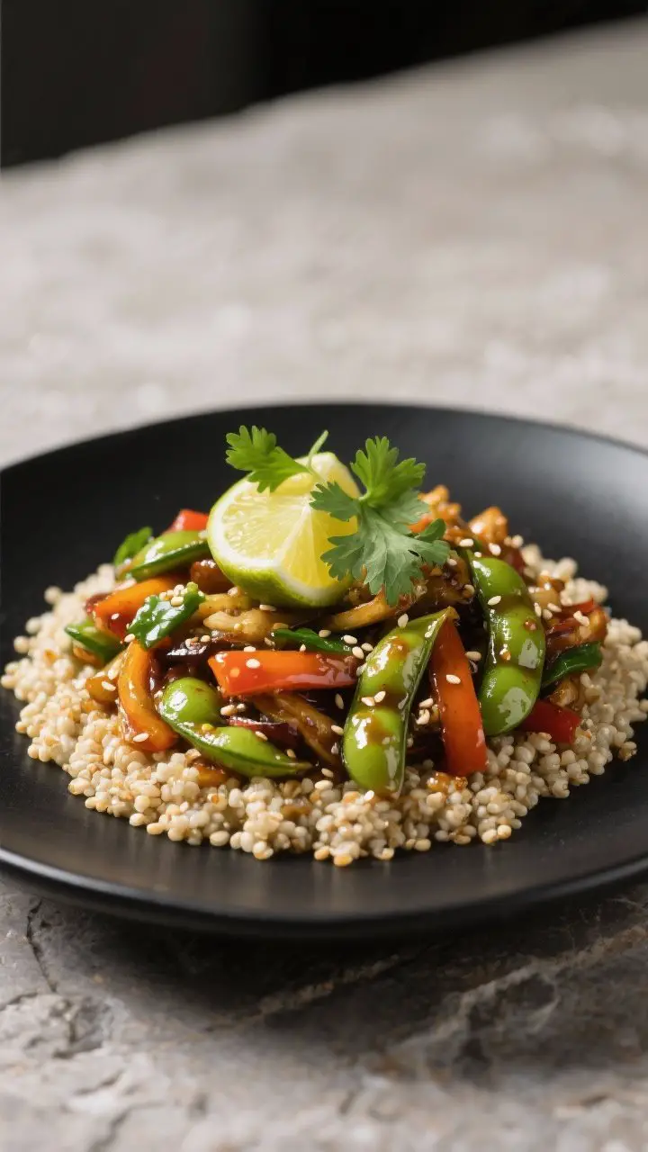 Final dish presentation: Restaurant-quality plating of the stir-fry over quinoa on a shallow black p
