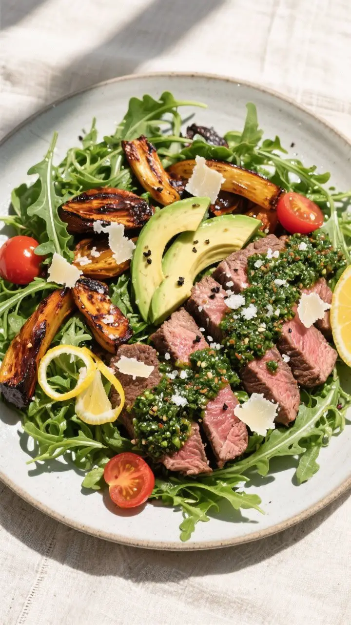 Final dish presentation: Restaurant-quality platter of Chimichurri Steak and Roasted Veggie Salad—