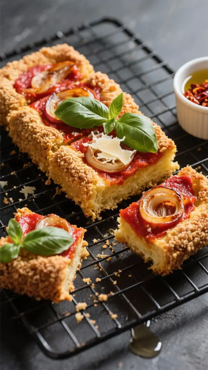 Final dish presentation: Restaurant-quality top-down image of sfincione sliced into neat squares on